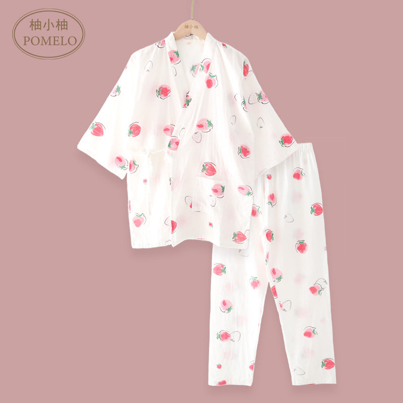 Summer thin cotton gauze ins Japanese strawberry loose short-sleeved trousers cotton kimono pajamas home service set women