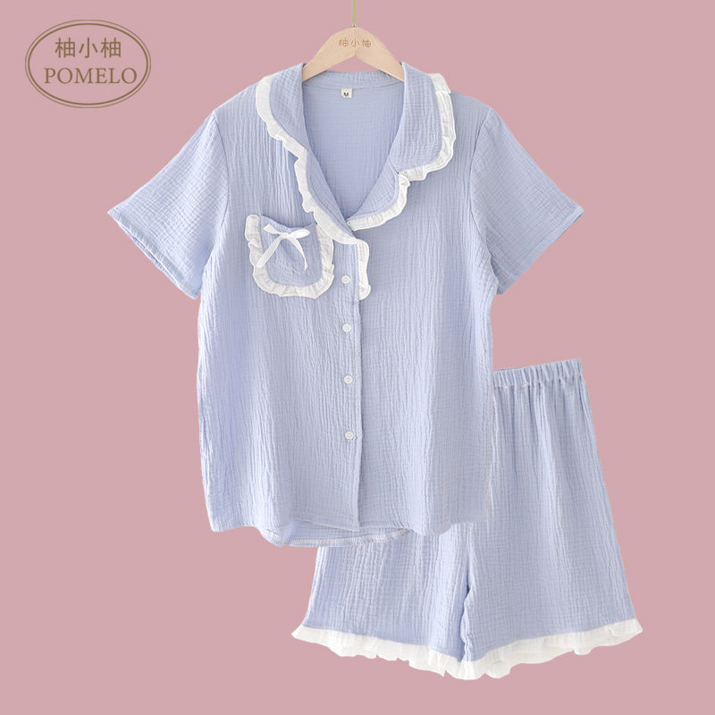 Ins summer thin cotton gauze lace sweet simple Japanese short-sleeved shorts cotton pajamas home clothes women