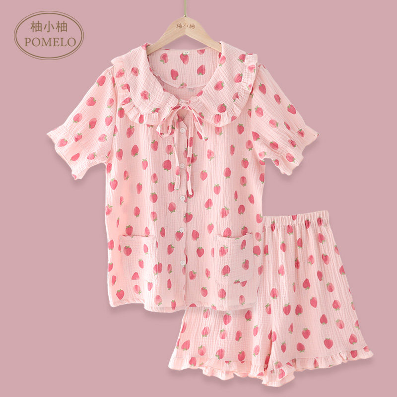 ins summer thin Japanese strawberry print large lace collar short-sleeved shorts cotton cotton gauze home service pajamas women