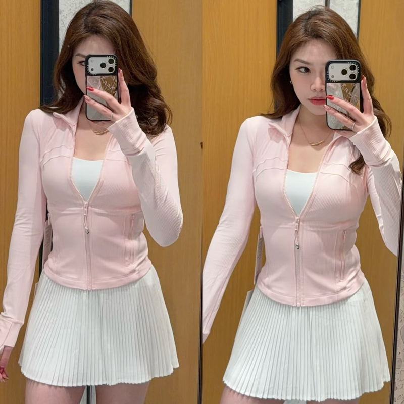 Def*Ne Women's Sports Jacket Long-Sleeved Top Slim Fit Slimming Shaping Short Ribbed Fitness Slim Jacket
