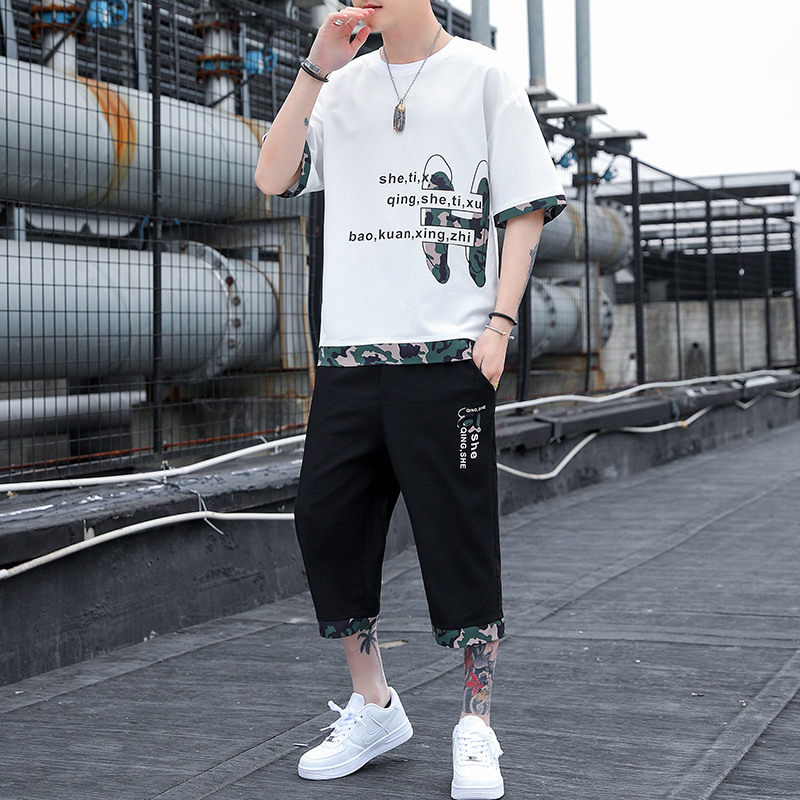 Summer men's pajamas pajamas casual loose cropped pants half-sleeved clothes a set of thin section home service Korean shorts