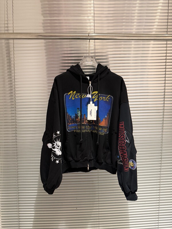 Pure Original Top-Level Fabric Protocol Index Washed Splicing Nyc New York Night Scene Print Zipper Hooded Jacket for Men