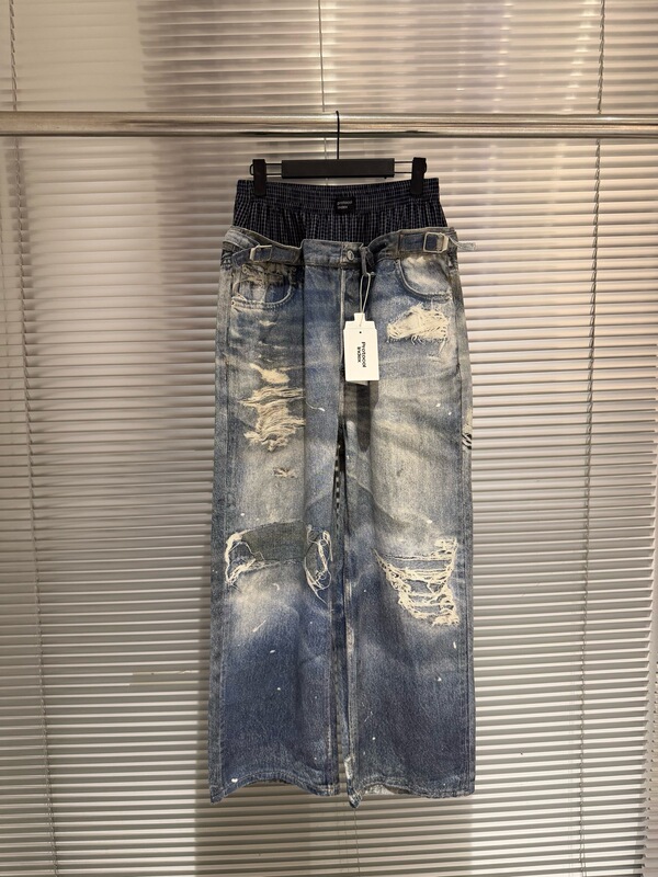 Pure Original Protocol Index Fake Two-Piece Double-Waist 3D Digital Print Ripped Distressed Baggy Jeans Trendy Pure Original Protocol Index Fake Two-Piece Double-Waist 3D Digital Print Ripped Distressed Baggy Jeans Trendy