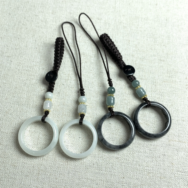 Myanmar A-Grade Jade Ring Keychain Rope Chinese Style Ring Buckle Mobile Phone Chain Creative Pendant Unisex Jewelry