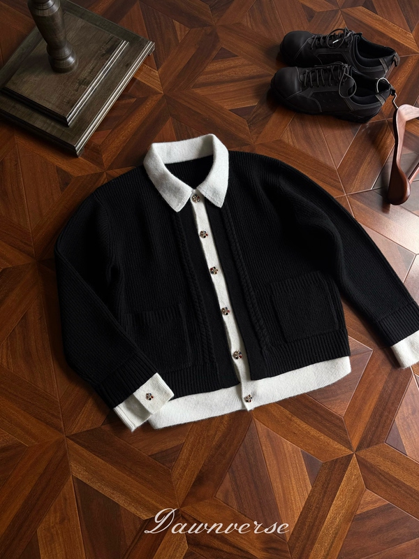 Dawnverse'Palace Gem' Faux Two-Piece Wheat Stripe Wool Sweater with Carved Gemstone Button Cardigan