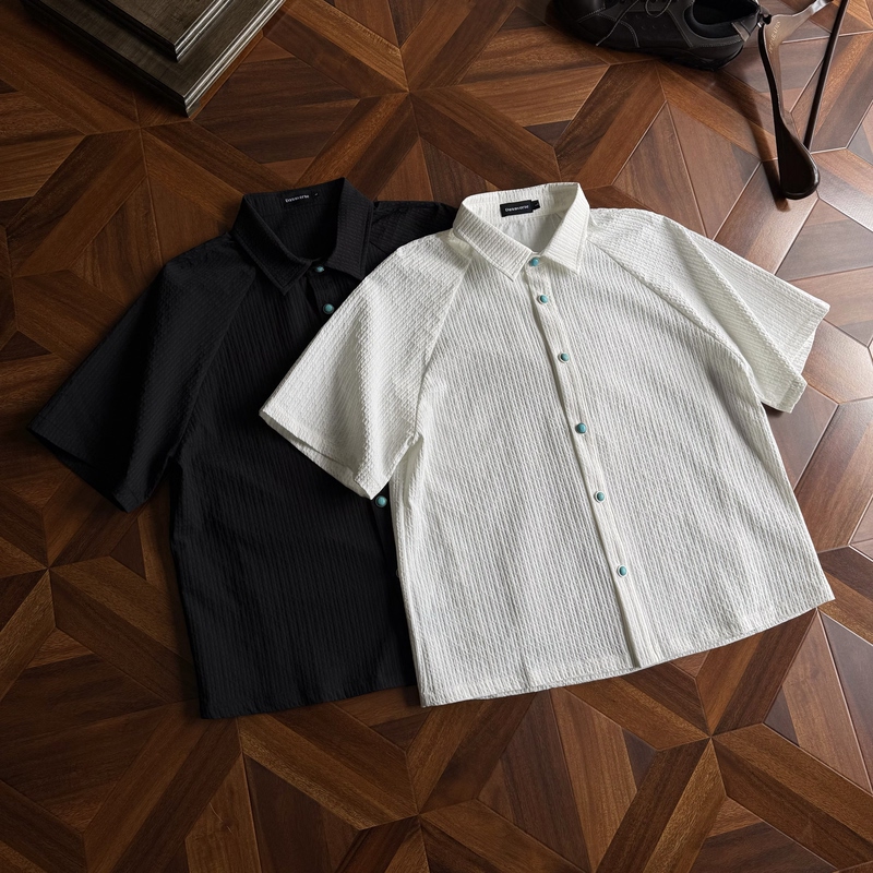 Dawnverse'Tears of the Ocean' Short-Sleeved Shirt Turquoise Textured Pleated Shirt Old Money Boxy Top