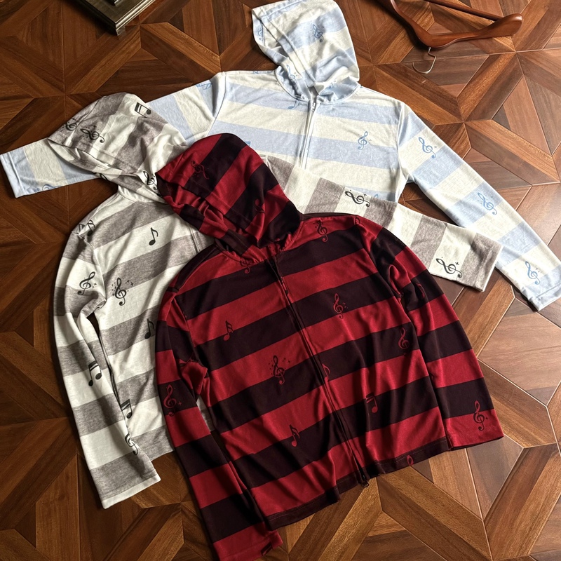 Dawnverse Striped Musical Note Color-Blocked Lyocell Tencel Zip-Up Hooded Sweatshirt Light Street Style Breathable