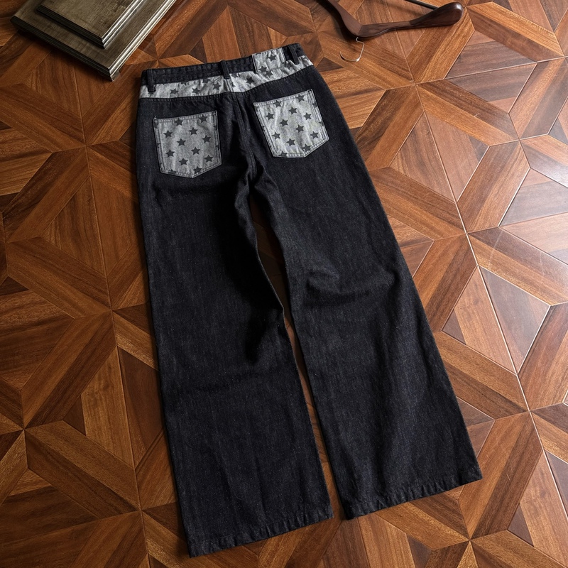 Dawnverse Star-Patterned Patchwork Pocket Raw Denim Street Style Straight-Leg Flared Wide-Leg A-Line Jeans