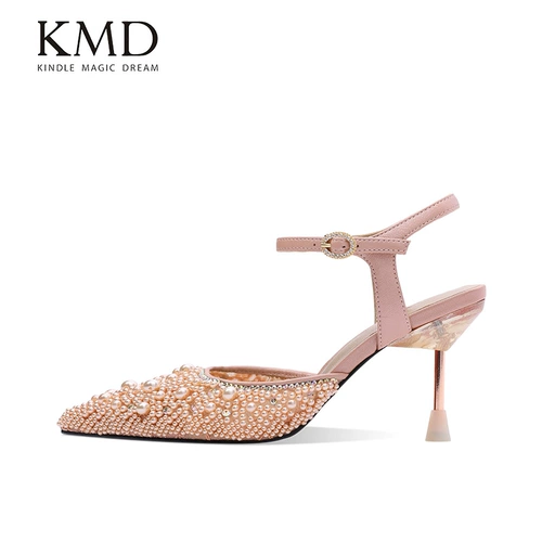 KMD Летние модные универсальные танцующие туфли из жемчуга с заостренным носом, высокие сандалии, сезон 2021, из натуральной кожи