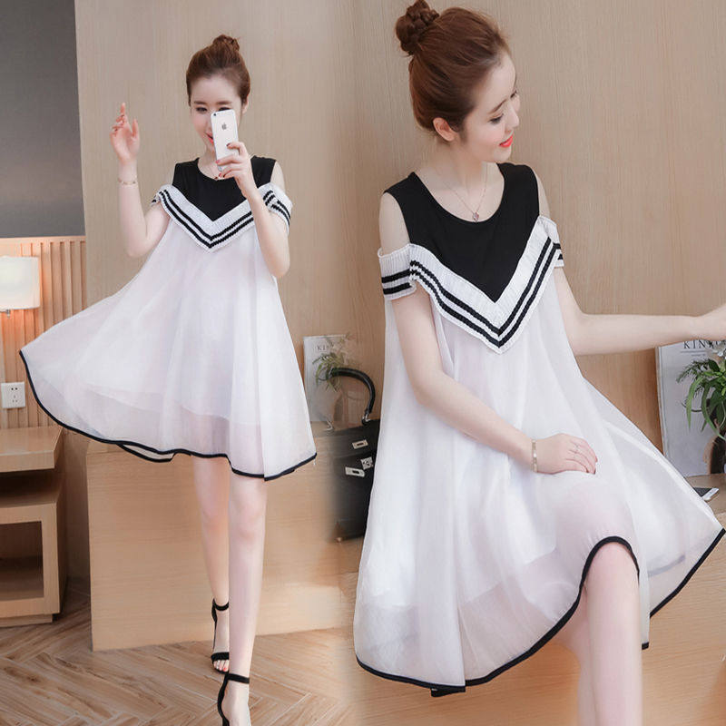 Pregnant Woman Large Size Size Summer Snow Spinning Ocean Dress Leaking Shoulder A dress Pregnancy Woman dress with long version of skirt loose and slim fit