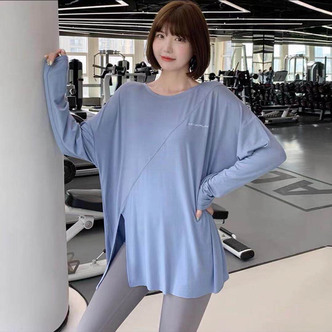 Pregnant women yoga slit T-shirt top spring and autumn thin section loose large size fat mm sports long-sleeved quick-drying outerwear