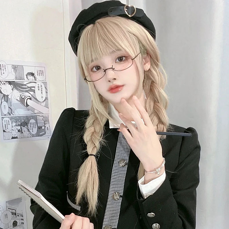 Double Braided Japanese Style Age-Reducing Long Hair Platinum Full Head Wig for Women with Natural Round Face Realistic Hairpiece