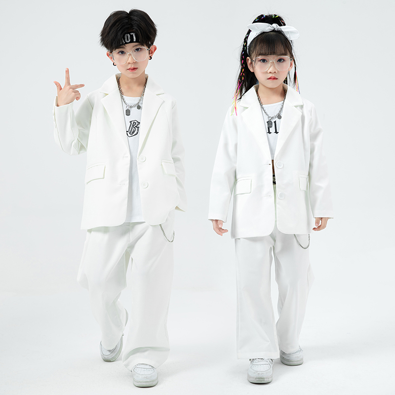 Children's Model Catwalk Suit, White Dress, Boys and Girls Street Dance Trendy Clothing, Children's Poppin Mechanical Dance Performance Clothing