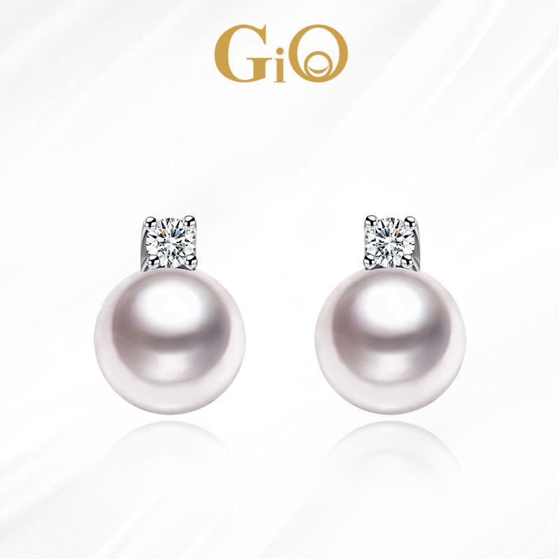 Gio jewelry Japanese Akoya Seawater Pearl Earring Princess earrings female light bulb natural diamond 18K gold
