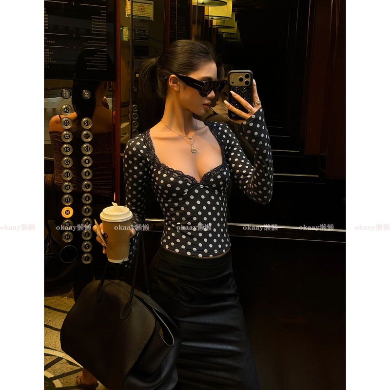 Okaay Lazy Black Polka Dot Lace V-Neck Long-Sleeve Women's 2026 New Autumn Unique Super Pretty Single-Wear Top