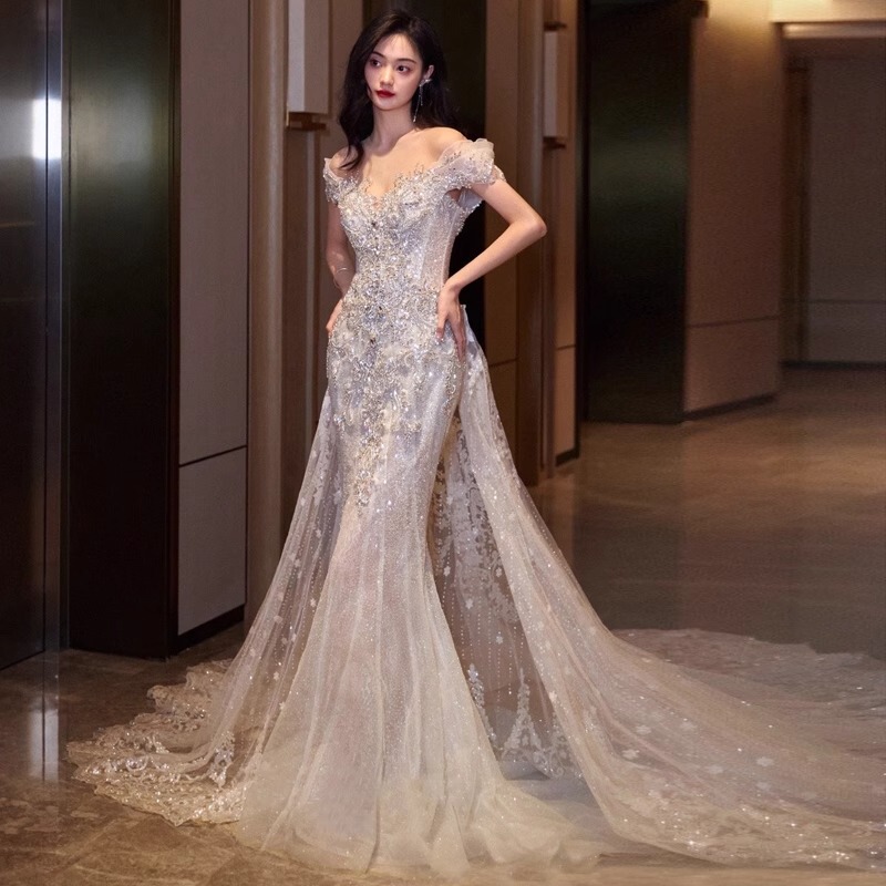 French-Style Fishtail Light Wedding Dress 2026 New Model Bride's Going-Out Dress Engagement Toast Dress Off-Shoulder High-End Forest Style