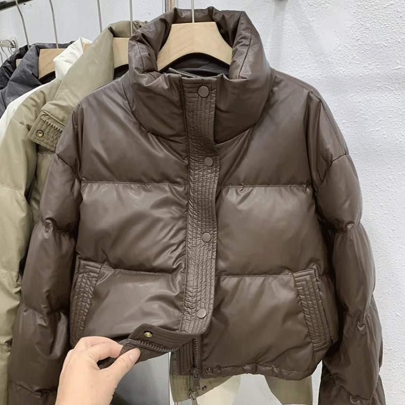 Plus-Size Coffee-Colored Cotton Jacket, Winter Pu Leather Short-Style Chanel-Inspired Coat, High-Waisted Niche Loose Cotton Coat for Petite Individuals Plus-Size Coffee-Colored Cotton Jacket, Winter Pu Leather Short-Style Chanel-Inspired Coat, High-Waisted Niche Loose Cotton Coat for Petite Individuals