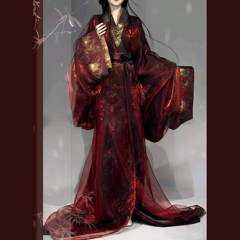 Heavy-Duty War Robe Hanfu Women's Wedding Dress Palace Style Red Cross-Collar Large Sleeves Trailing Straight Skirt Ancient Costume Chinese Style Set