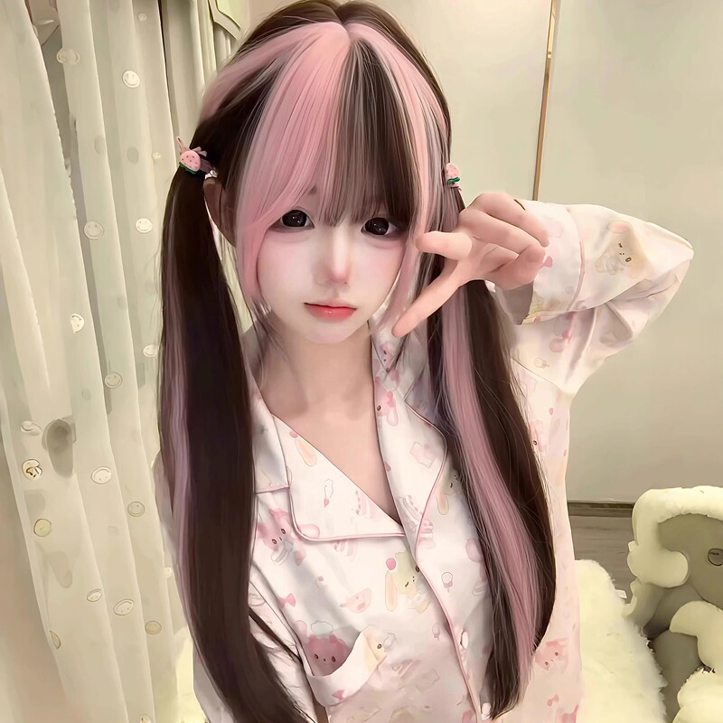 [Strawberry Chocolate] Wig for Women, Long Straight Hair, Japanese Lolita Style, Double Ponytails, Black and Pink Highlights, Sweet and Cool Full Wig