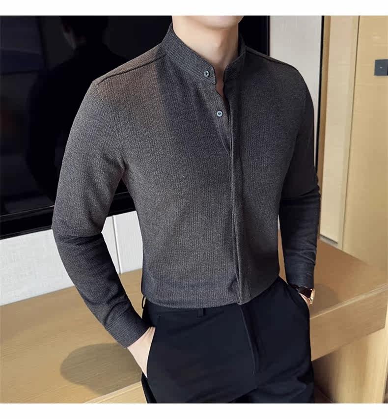 Джинсовая рубашка 中山领衬衫男长袖2025秋季新款立领新中式改良中山装毛呢内搭衬衣 Tvso