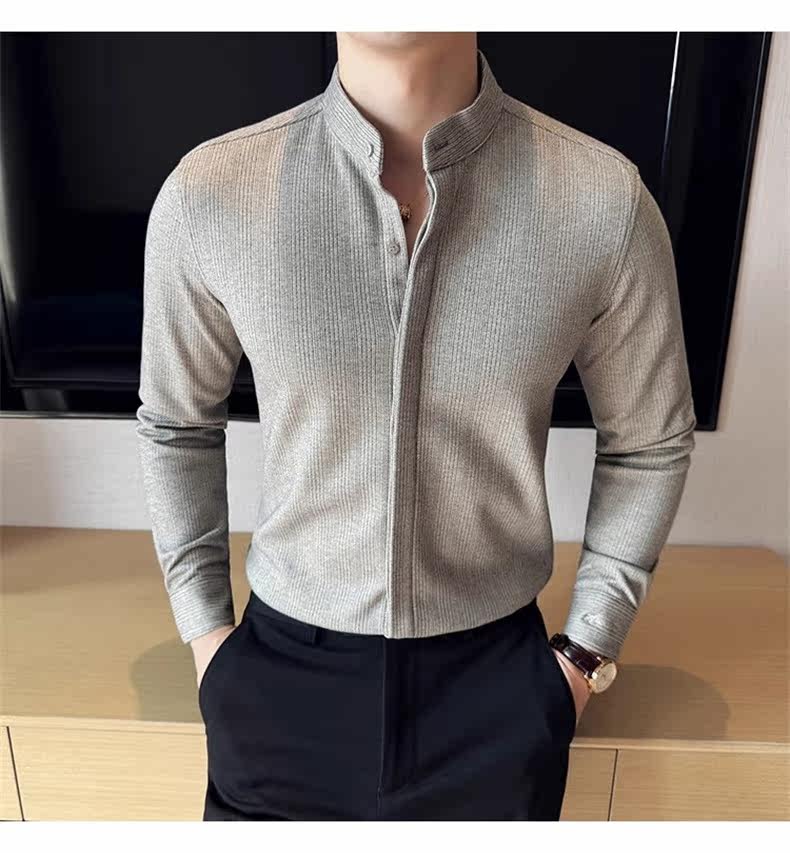 Джинсовая рубашка 中山领衬衫男长袖2025秋季新款立领新中式改良中山装毛呢内搭衬衣 Tvso