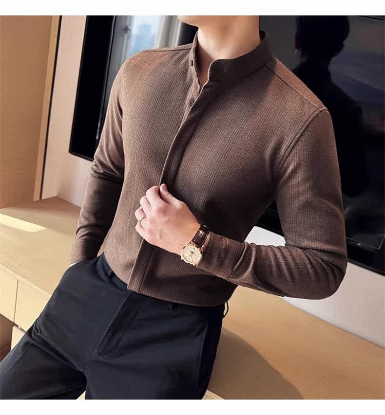 Джинсовая рубашка 中山领衬衫男长袖2025秋季新款立领新中式改良中山装毛呢内搭衬衣 Tvso