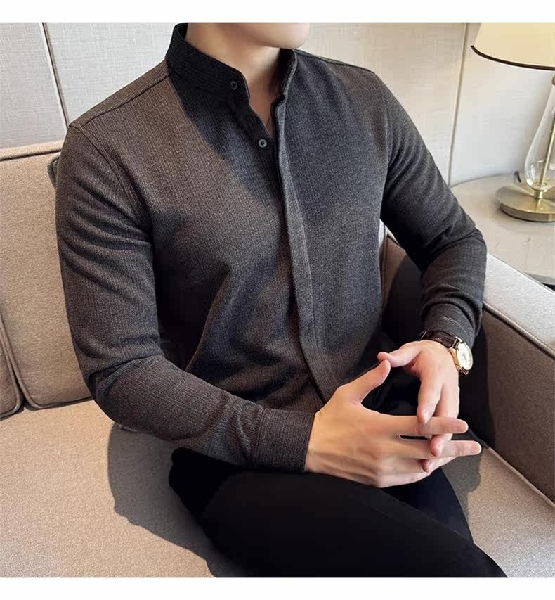 Джинсовая рубашка 中山领衬衫男长袖2025秋季新款立领新中式改良中山装毛呢内搭衬衣 Tvso