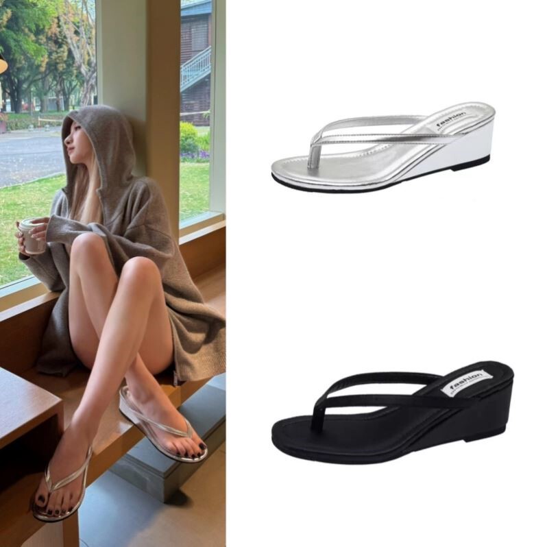 Zhao Lusi Style Wedge Flip-Flops Fairy Shoes for Outdoor Wear, Elegant French High-Heeled Sandals for Women