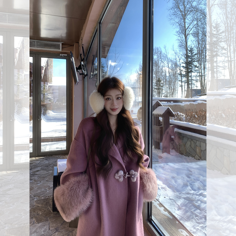 Sya Xi Xiaoxi Purple Camel Wool Handmade Buttoned Double-Sided Woolen Coat for Women with Fox Fur, Long Style for Petite Figures