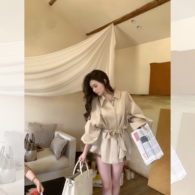 Sya Xi Xiaoxi Bud Lantern Sleeve Trench Coat for Women, Autumn Waist-Tie Coat, French Retro Short Coat Sya Xi Xiaoxi Bud Lantern Sleeve Trench Coat for Women, Autumn Waist-Tie Coat, French Retro Short Coat