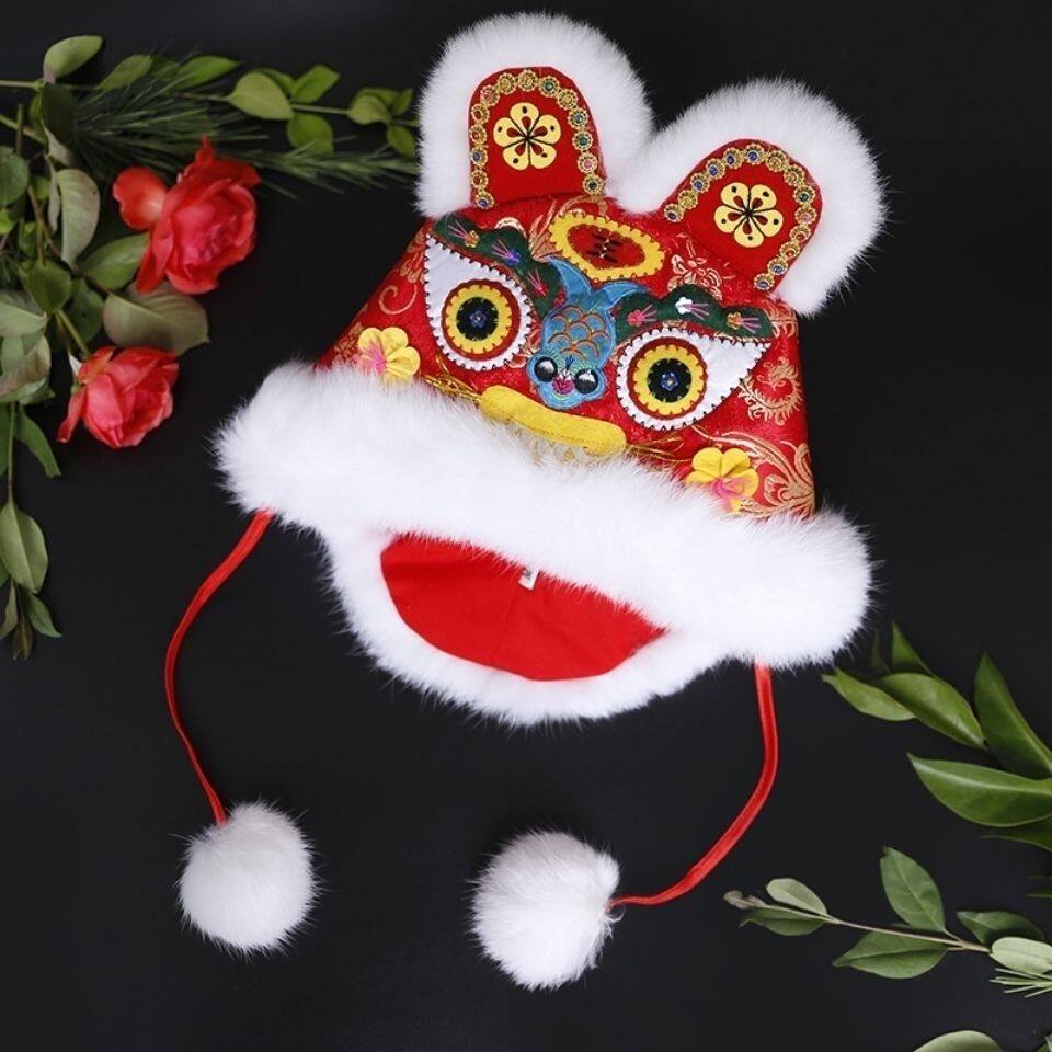 Tiger head hat children, boys and girls, traditional handmade red baby baby New Year, Year of the Tiger hat
