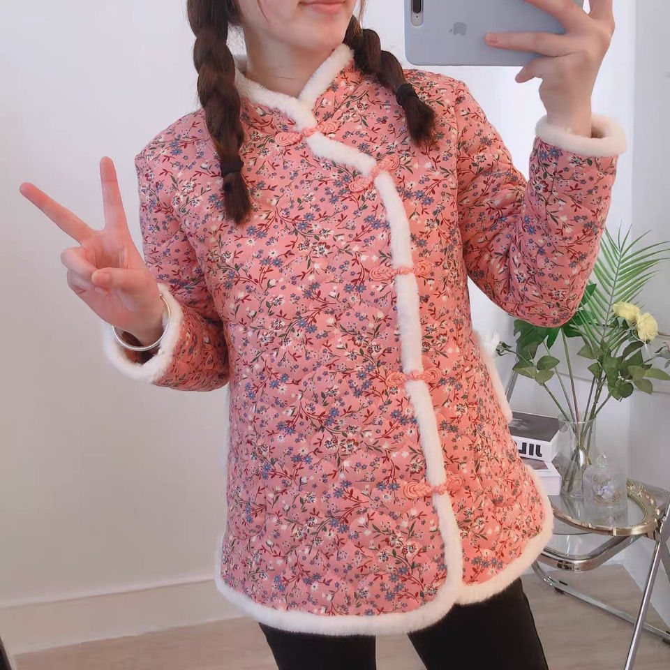 Flower cotton padded jacket Winter Women Northeast Grand Flower Padded Jacket Fashion Tang Thickened China Wind 2021 New small flower padded jacket for Chinese New Year Online Red