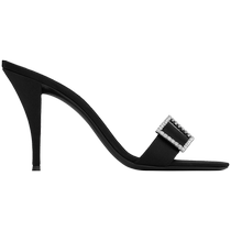 Chinese Valentines Day gift] YSL Yves Saint Laurent womens SIMONE black crepe satin mules slippers stiletto heels