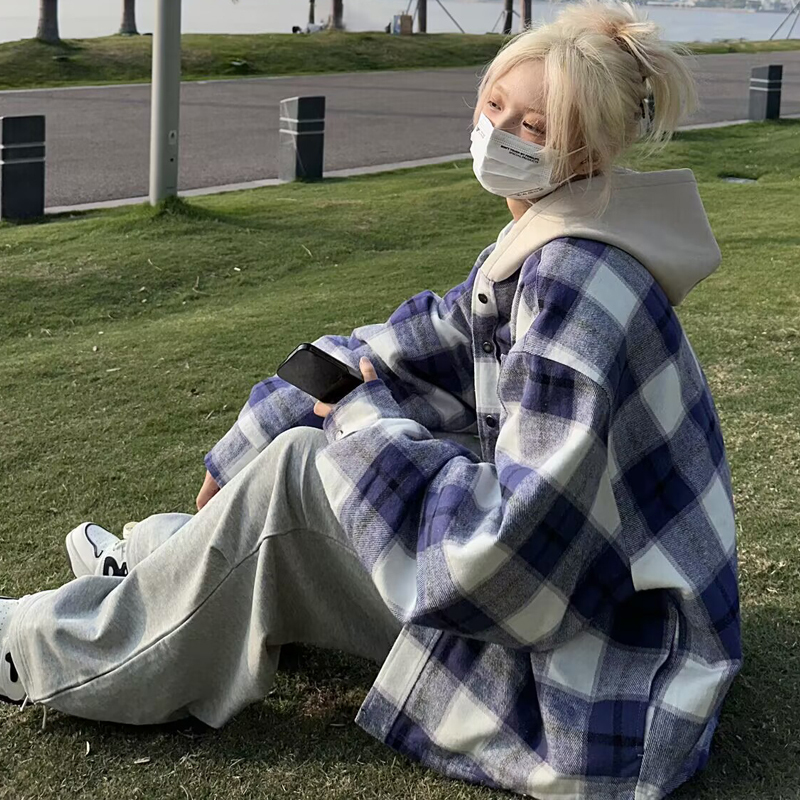 Blue and White Plaid Patchwork Flannel Shirt, Chanel-Style Jacket, Unisex Spring and Autumn Thin Jacket, Trendy