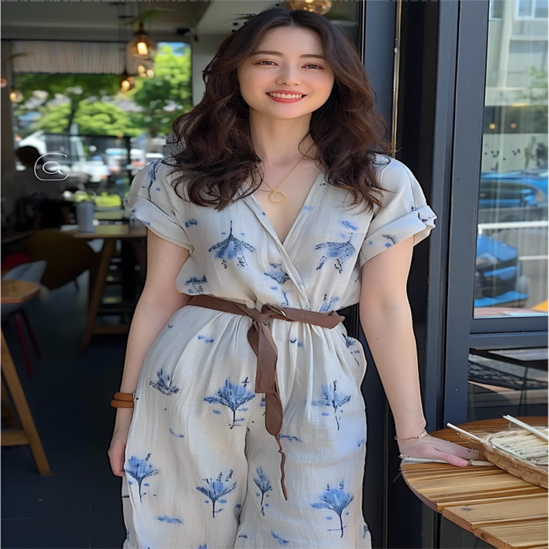 Super Stylish White Printed One-Piece Jumpsuit for Women 2026 Spring/Summer, Waist-Cinching, Slimming, High-Waisted, Petite Jumpsuit