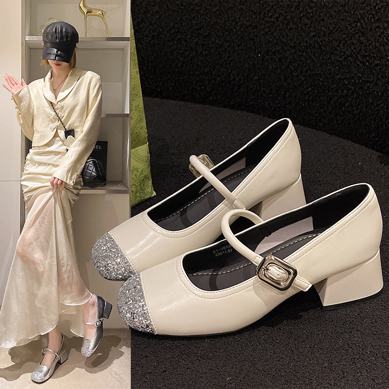 Silver Sequin Chunky Heel Leather Shoes for Women, 2026 Summer Style, Single-Strap Closed-Toe Mary Jane Shoes, Thick-Soled Shallow Slip-On Shoes