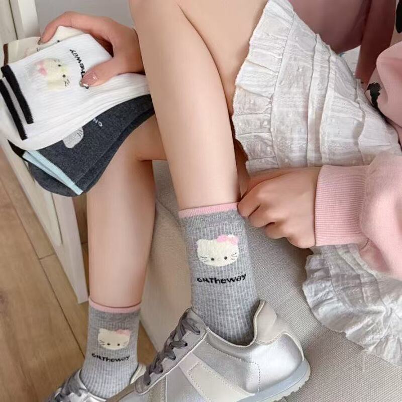 【2 Pairs】Mid-Calf Thickened Women's Ktm Cat Cute Socks, Autumn and Winter Warm Cartoon Floor Socks, Versatile College Style