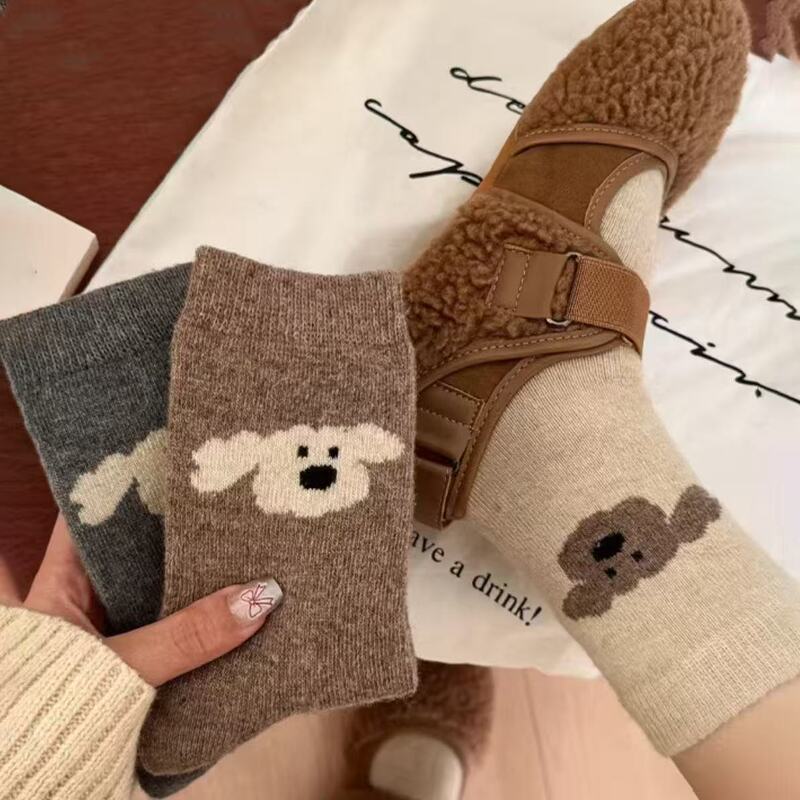 【2 Pairs】Women's Mid-Calf Socks, Retro Versatile Mid-Calf Socks for Autumn and Winter, Korean Style, Cute Cartoon Bear and Puppy, Preppy Style 【2 Pairs】Women's Mid-Calf Socks, Retro Versatile Mid-Calf Socks for Autumn and Winter, Korean Style, Cute Cartoon Bear and Puppy, Preppy Style