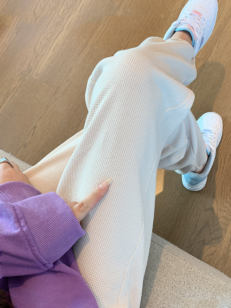 Waffle pants women's autumn loose waist high waist thin gray sweatpants spring and autumn drawstring casual pants pants women
