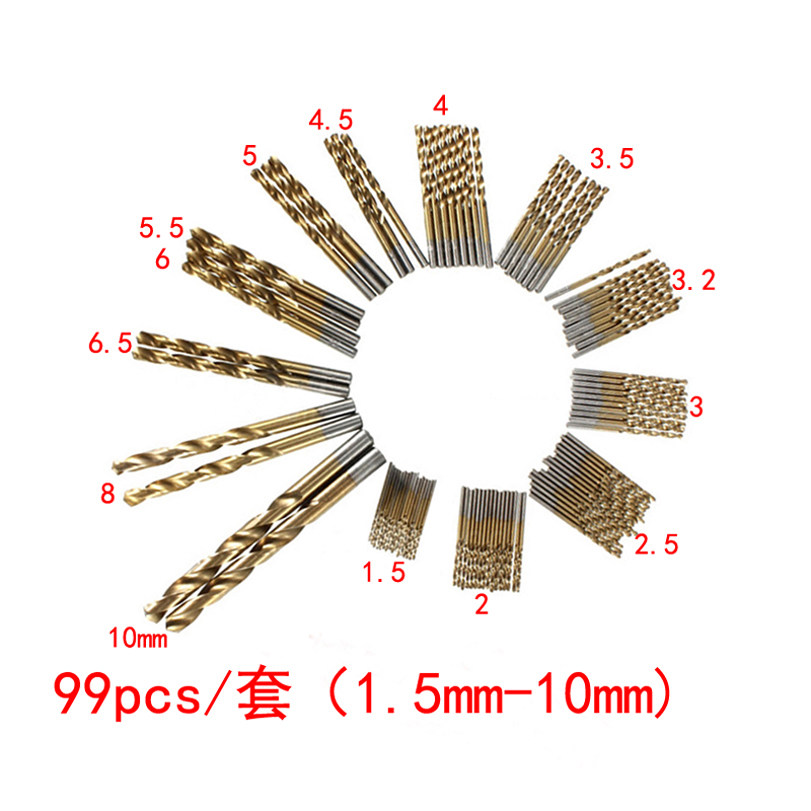 High speed net plated titanium twist drill bit straight shank drill bit electric drill 99PC drill bit 1 5mm-10mm round handle