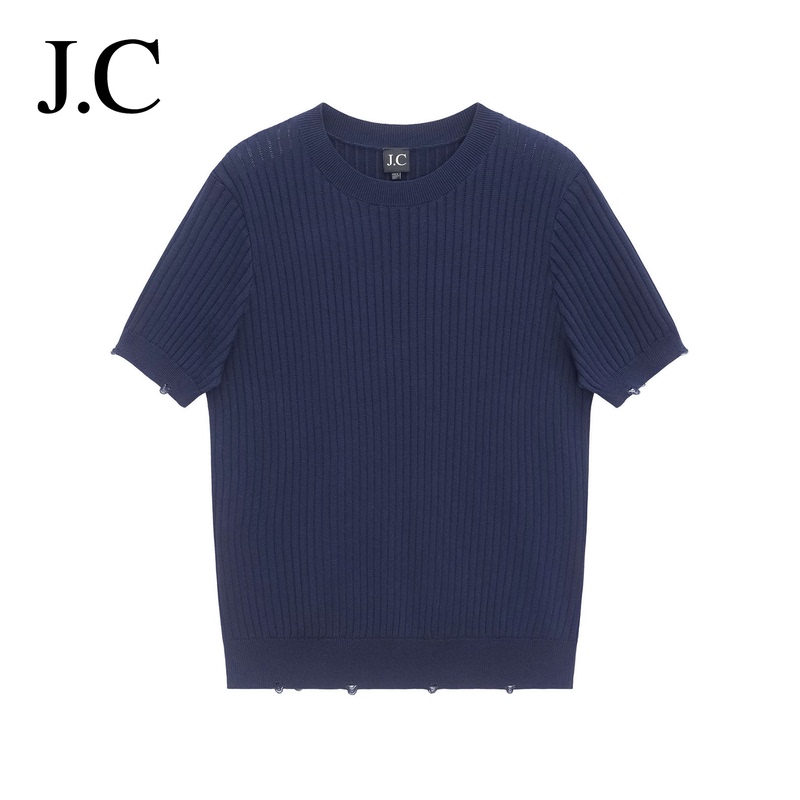 J.C/Minimalist 12-Stitch Ribbed Short-Sleeve T-Shirt with Ribbed Round Neck, Simple Casual Regular Shoulder Slim-Fit Men's Knit Top