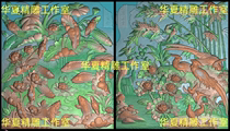 Scanned image of fine carvings lotus blossoms prosperity every year nine carps peacocks phoenixes peonies flowers and birds H5IJKL