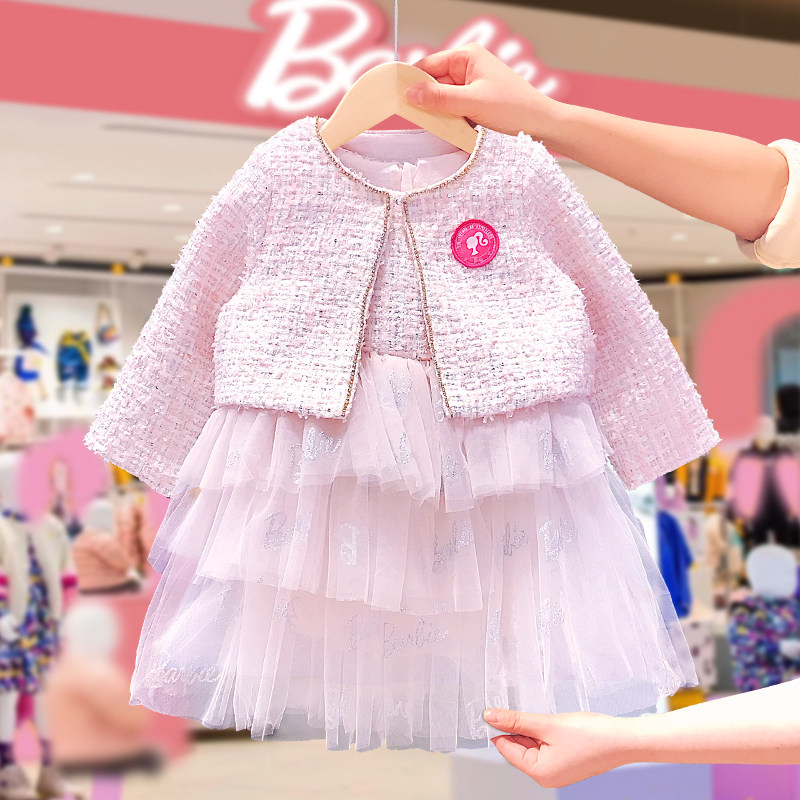 Barbie BARBIE Children's small fragrant windy dress 2022 Chunqiu girl's dress Two sets of girls' web yarn dress