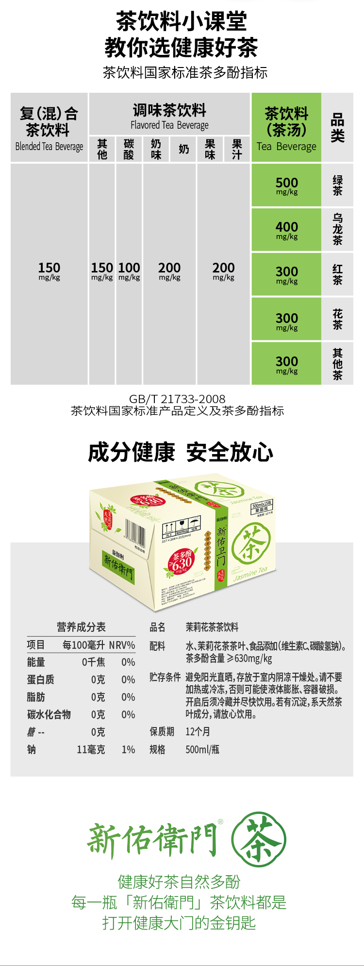 新佑卫门 0糖茉莉花茶/绿茶 500ml*6瓶 茶多酚630mg/kg 图8