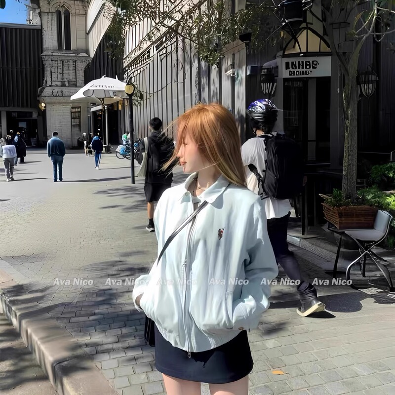 High-End Custom Itkp~ Light Oxygen Series Baby Blue Ramie Cotton Pony Embroidery Lazy and Relaxed Jacket Coat