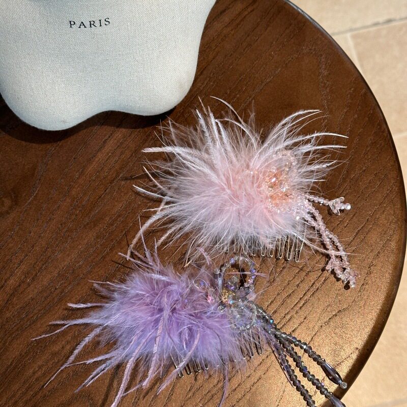 Super Fairy Crystal Tassel Ostrich Feather Hair Comb 2026 New Style New Chinese Gentle and Elegant Hair Clip