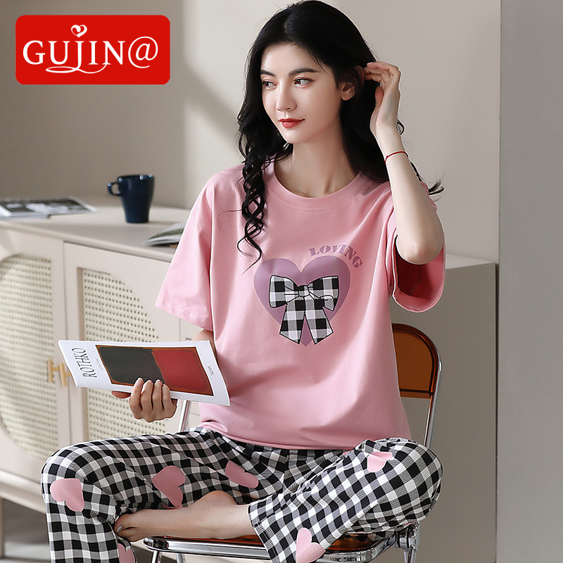 Gujin@pure cotton pajamas women's summer short-sleeved trousers thin section spring and autumn can be worn outside home service women's two-piece suit