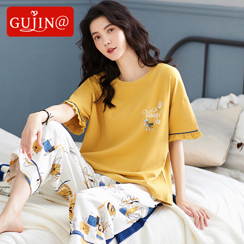 Gujin@Pajamas Women's Summer Pure Cotton Short-sleeved Crop Pants 2022 New Loose Large Size Home Service Women's Suits