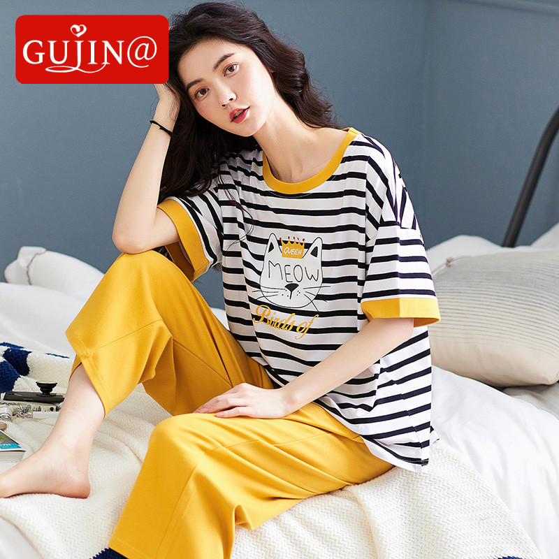 Gujin@Pajamas Women's Summer Cotton Short-sleeved Cropped Pants Summer Thin Section Stripes Large Size Cotton Home Service Set