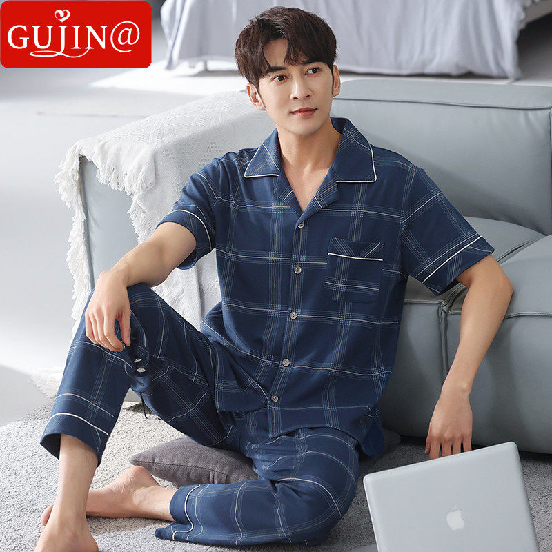 Gujin@Pajamas men's summer cotton short-sleeved trousers can be worn outside youth large size loose home service thin suit